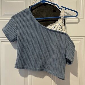 Blue Cropped Off-Shoulder Knit Top